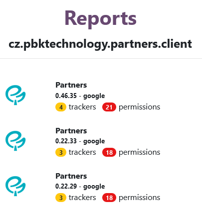 Partners banka - report na webu Exodus Privacy